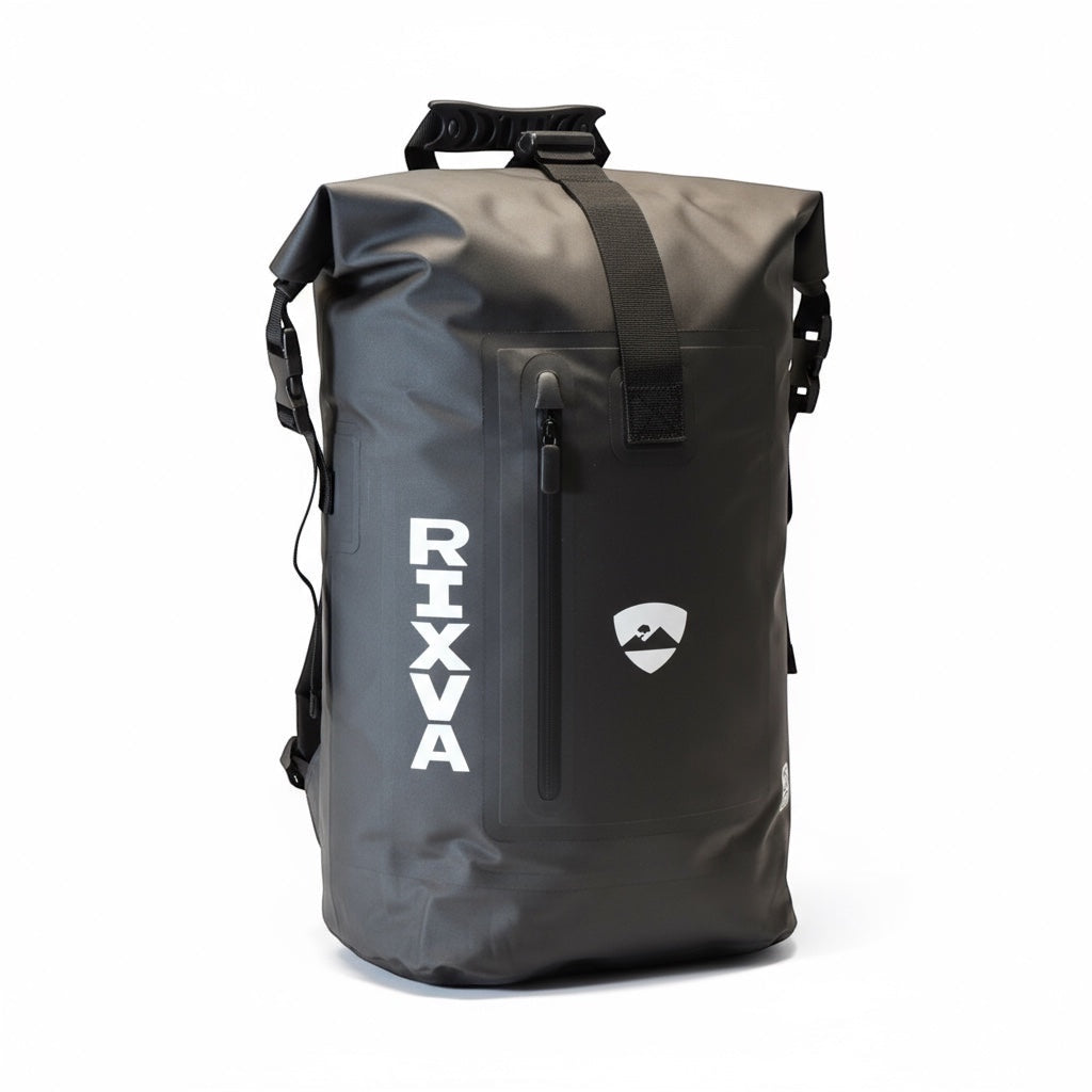 RIXVA 35L waterproof backpack in black heavy-duty PVC with a roll-top closure and front zipper pocket.
