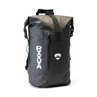 RIXVA 35L waterproof backpack in black heavy-duty PVC with a roll-top closure and front zipper pocket.
