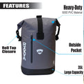 RIXVA 35L waterproof grey PVC backpack with roll-top closure and front zipper pocket for outdoor adventures.