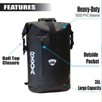 RIXVA 35L waterproof black PVC backpack with roll-top closure and front zipper pocket for outdoor adventures.