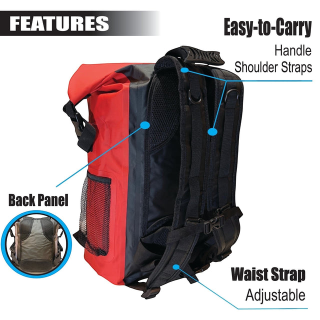 RIXVA 35L waterproof backpack in red and black with adjustable shoulder straps, waist belt, and padded back panel.