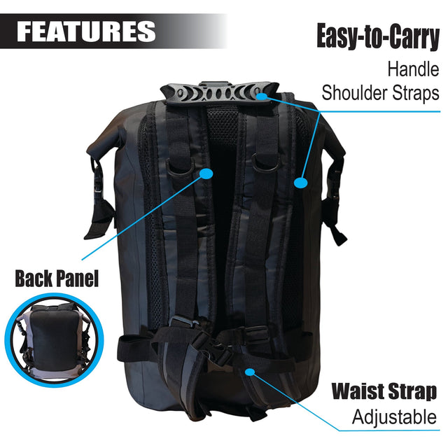 RIXVA 35L waterproof backpack back view showing adjustable shoulder straps, waist strap, and padded back panel.