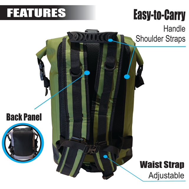 RIXVA 35L waterproof backpack back view showing adjustable shoulder straps, mesh back panel, and waist strap.