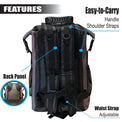 RIXVA 35L waterproof backpack back view showing adjustable shoulder straps, padded back panel, and waist strap.