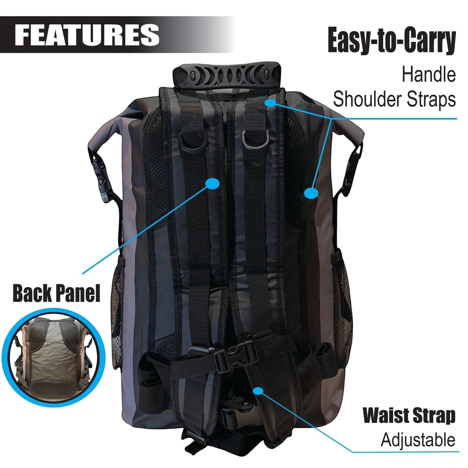 RIXVA 35L waterproof backpack back view showing adjustable shoulder straps, padded back panel, and waist strap.