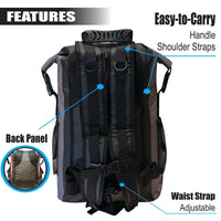 RIXVA 35L waterproof backpack back view showing adjustable shoulder straps, padded back panel, and waist strap.