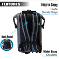 RIXVA 35L waterproof backpack back view showing adjustable shoulder straps, padded back panel, and waist strap.