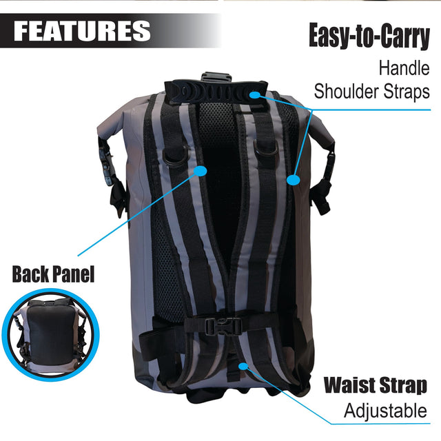 RIXVA 35L waterproof backpack back view showing adjustable shoulder straps, padded back panel, and waist strap.