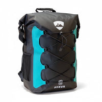 RIXVA 35L waterproof backpack in black and teal with a front bungee storage system and roll-top closure.