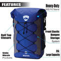 RIXVA 35L waterproof blue PVC backpack with roll-top closure, front elastic bungee storage, and side mesh pockets.