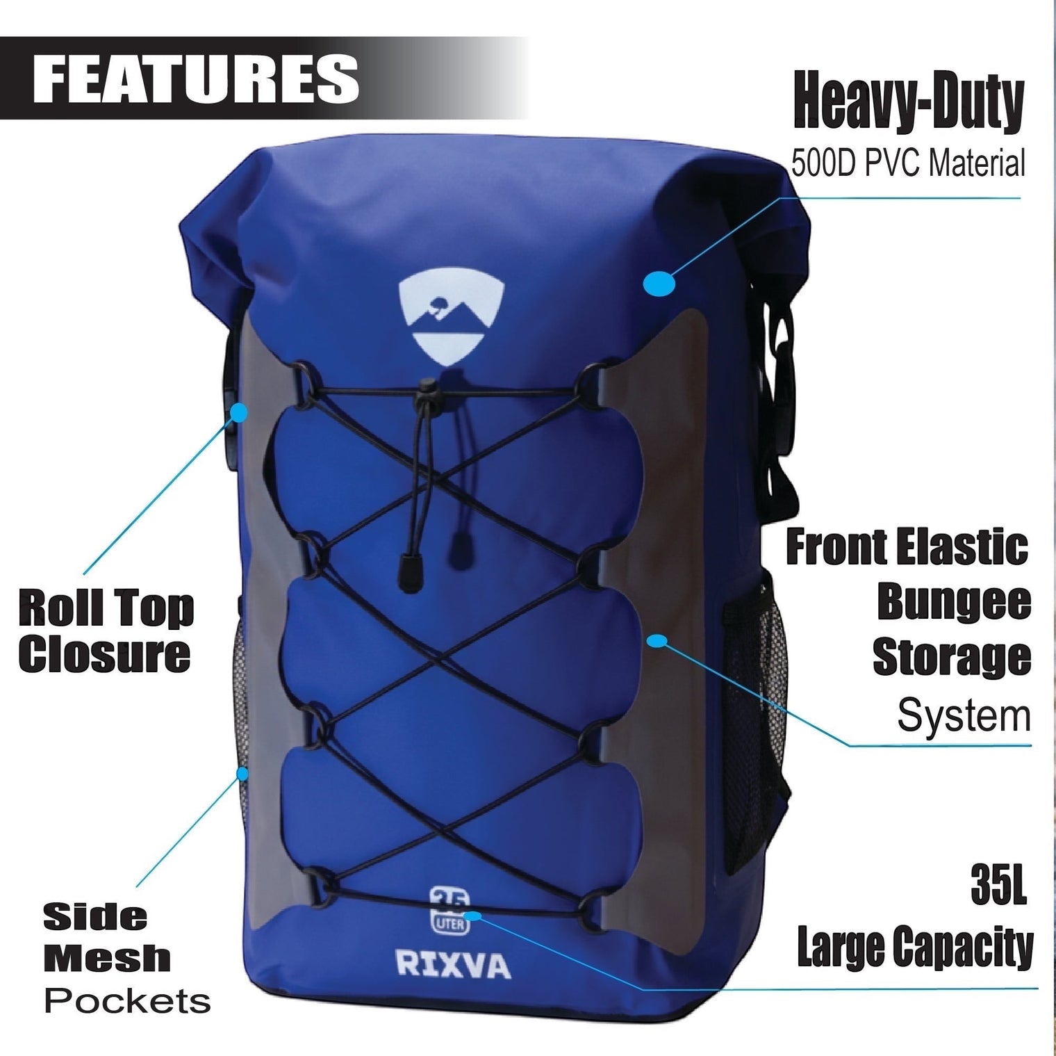 RIXVA 35L waterproof blue PVC backpack with roll-top closure, front elastic bungee storage, and side mesh pockets.