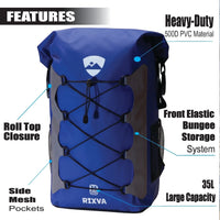 RIXVA 35L waterproof blue PVC backpack with roll-top closure, front elastic bungee storage, and side mesh pockets.