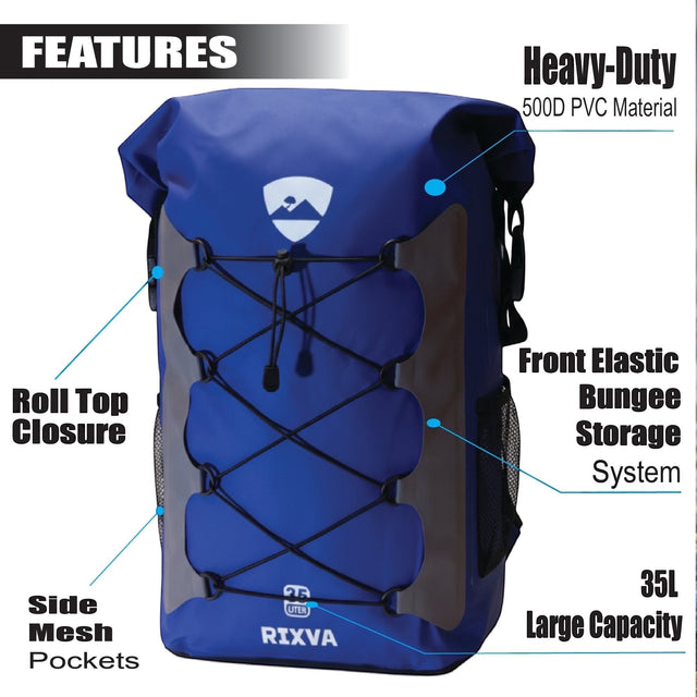 RIXVA 35L waterproof blue PVC backpack with roll-top closure, front elastic bungee storage, and side mesh pockets.