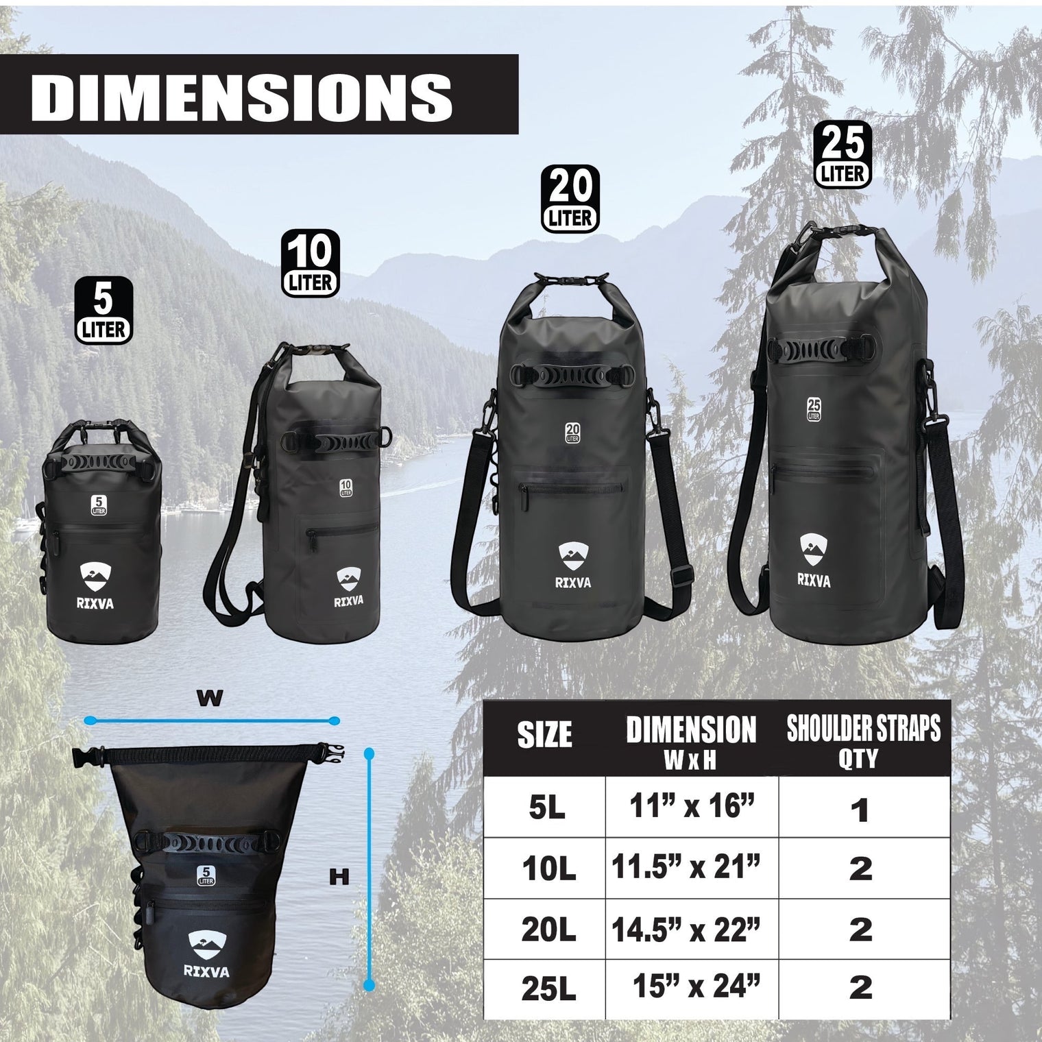 RIXVA waterproof dry bags in 5L, 10L, 20L, and 25L sizes with roll-top closure, exterior pockets, and shoulder straps.