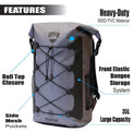 RIXVA 35L waterproof PVC backpack in grey with roll-top closure, front bungee storage system, and side mesh pockets.