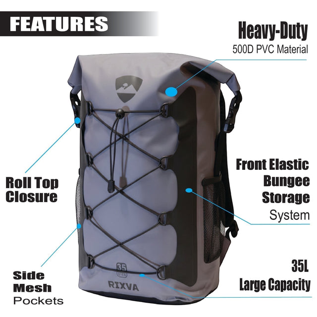 RIXVA 35L waterproof PVC backpack in grey with roll-top closure, front bungee storage system, and side mesh pockets.