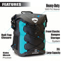 RIXVA 35L waterproof PVC backpack in black and teal with roll-top closure and front elastic bungee storage system.