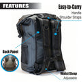 RIXVA 35L waterproof PVC backpack featuring adjustable shoulder straps, padded back panel, and waist strap.