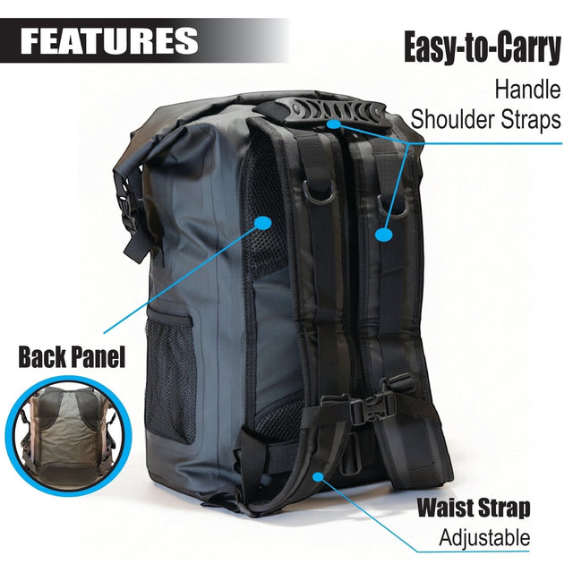 RIXVA 35L waterproof PVC backpack featuring adjustable shoulder straps, padded back panel, and waist strap.