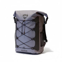 RIXVA 35L grey waterproof PVC backpack with roll-top closure and front elastic bungee storage system.