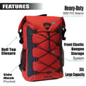 RIXVA 35L waterproof red PVC backpack with roll-top closure, front elastic bungee storage, and side mesh pockets.