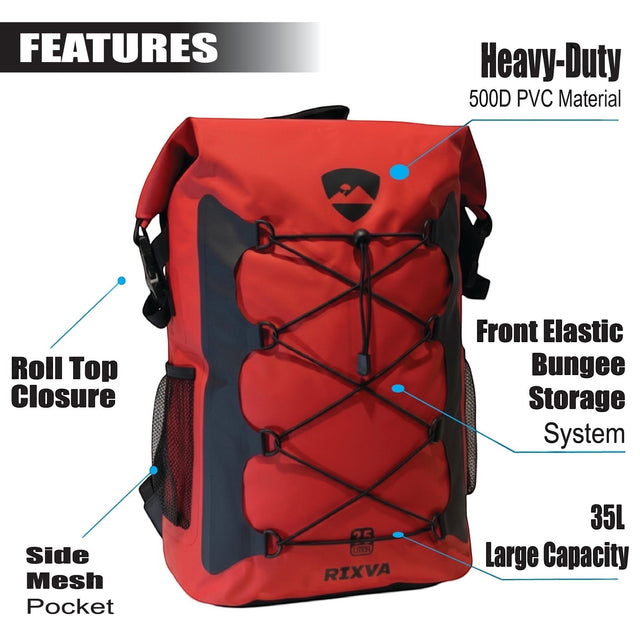 RIXVA 35L waterproof red PVC backpack with roll-top closure, front elastic bungee storage, and side mesh pockets.