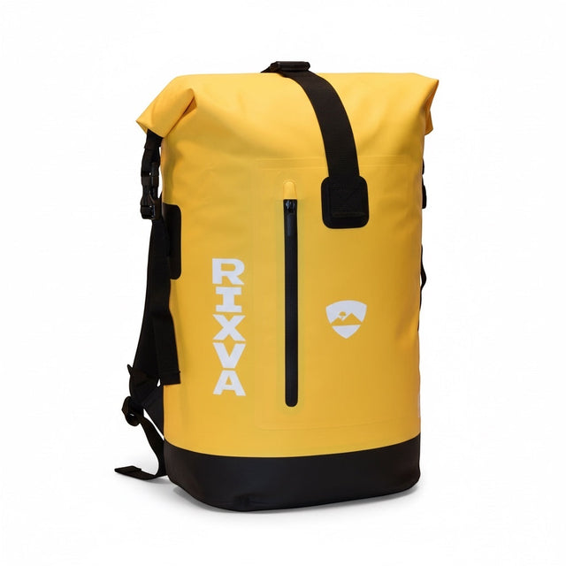 RIXVA 35L yellow waterproof PVC backpack with roll-top closure, front zipper pocket, and black base.