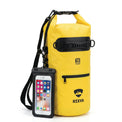 RIXVA 10L yellow waterproof dry bag with roll-top closure, carry handle, front pocket, and phone pouch