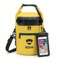 RIXVA 5L yellow waterproof dry bag with roll-top closure, exterior pocket, and a clear phone pouch for outdoor gear.