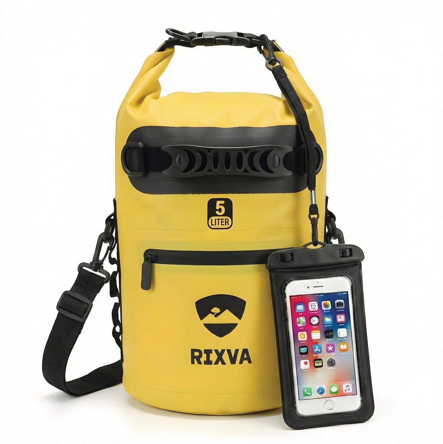 RIXVA 5L yellow waterproof dry bag with roll-top closure, exterior pocket, and a clear phone pouch for outdoor gear.